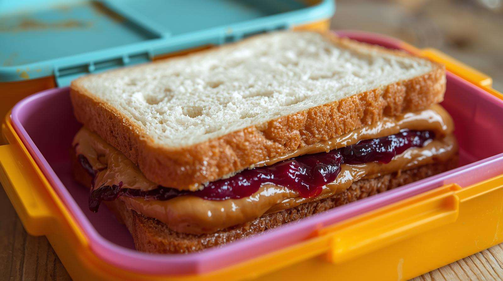 ランチボックスのピーナッツバタージェリーサンドウイッチが入っています。