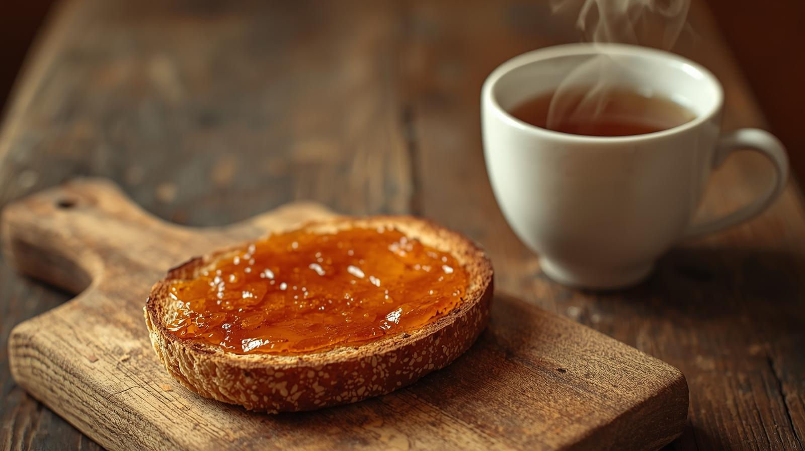 こんがりトーストされたパンにマーマレードジャムをぬって、紅茶と食べます。